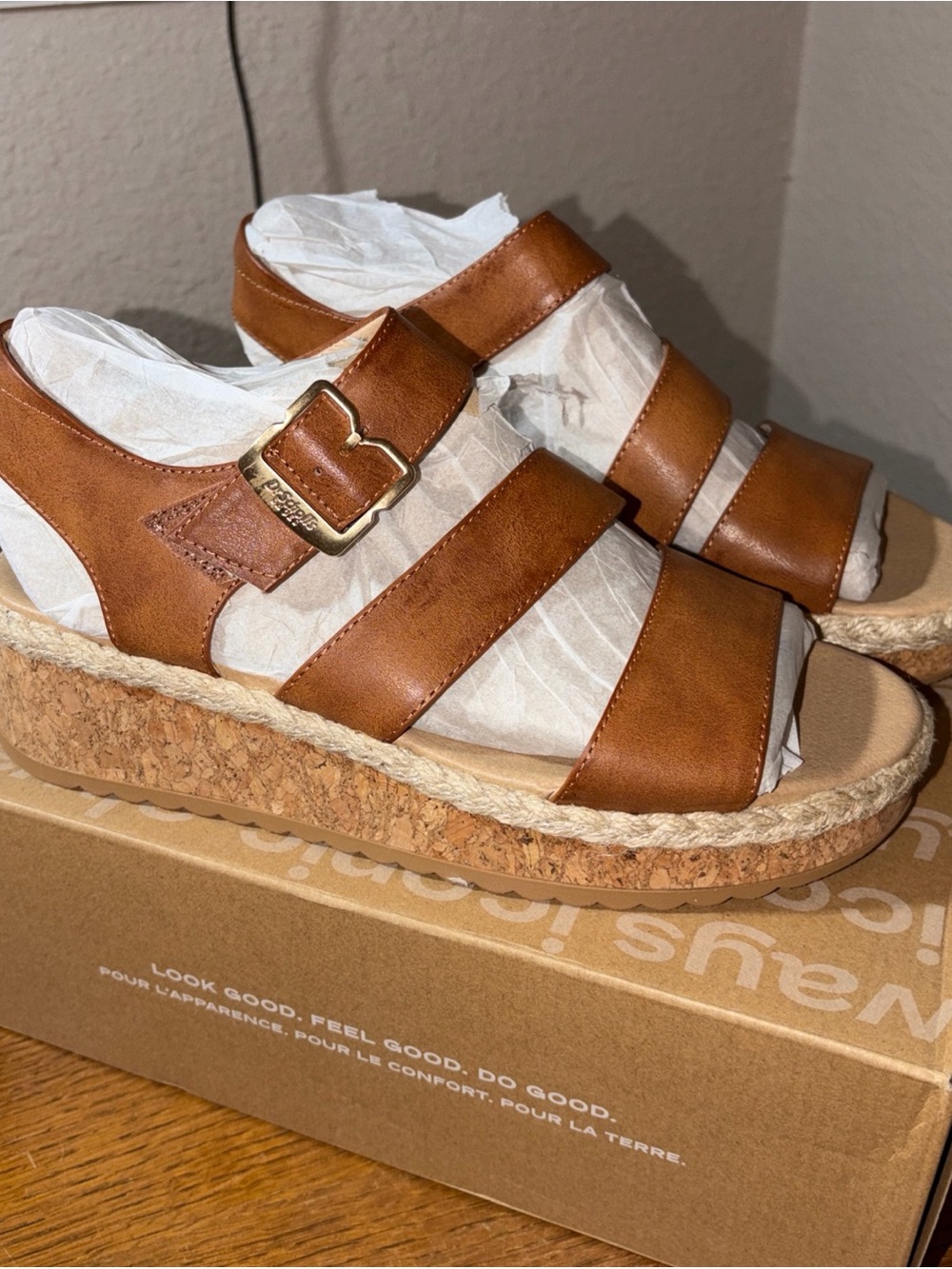 Women’s Tan Cork Wedge Sandals with Buckle Strap